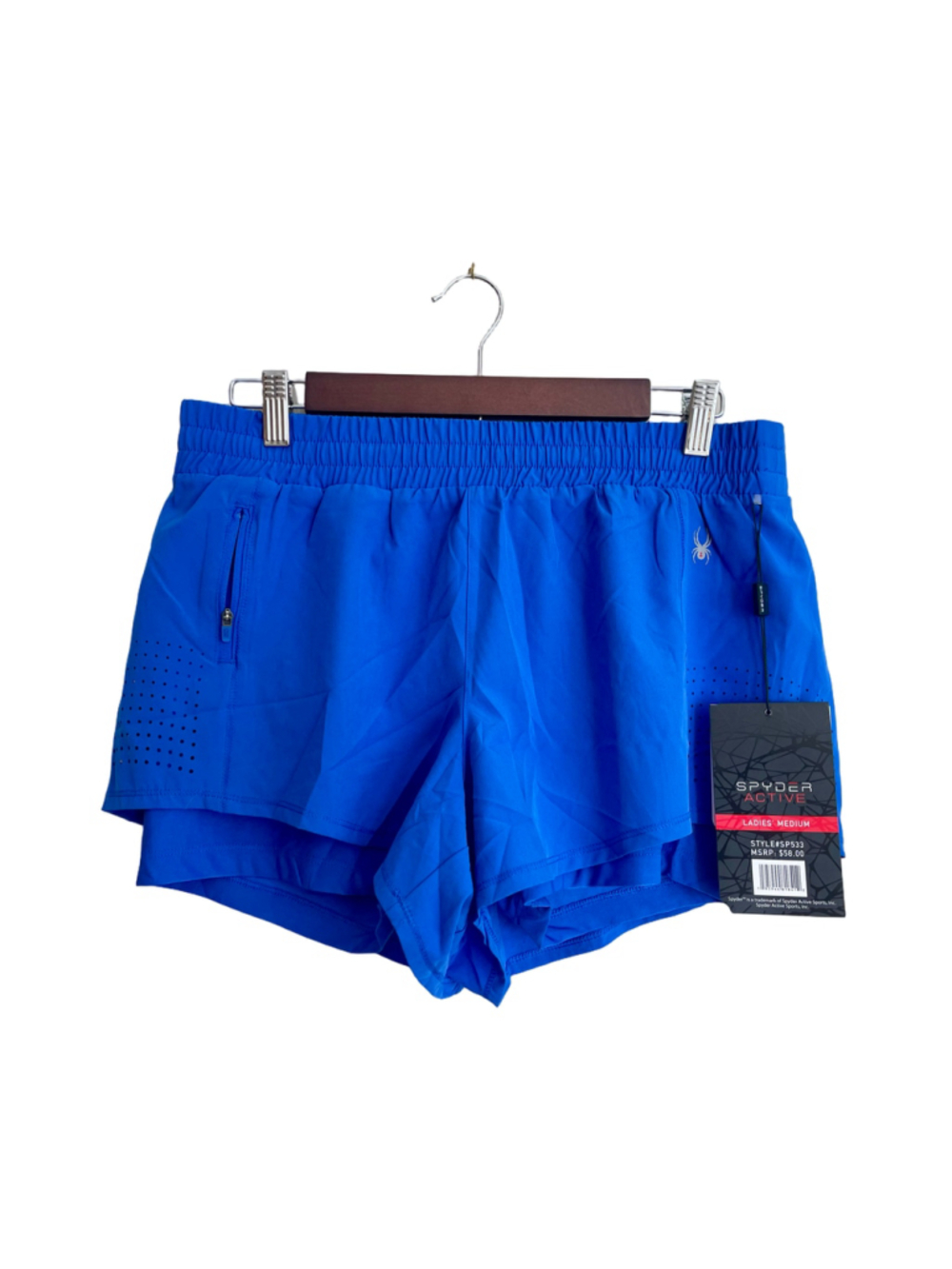 Spyder Active Women’s Running Shorts Size M Blue 2-in-1 Athletic Zip Pocket NWT